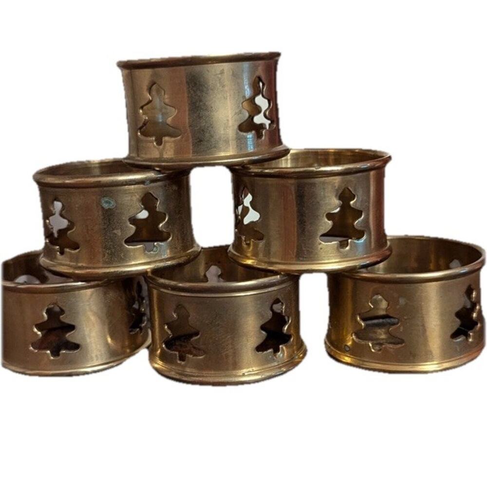 Vtg Brass Christmas Tree Napkin‎ Rings set of 6 Dining Table Linen Decor Holiday